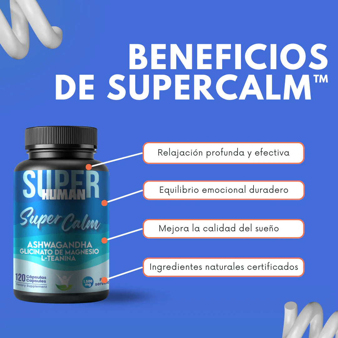 Super Calm - Cápsulas de L-Teanina, Ashwagandha y Glicinato de Magnesio Reduce el Cortisol Relajación y Enfoque Total, 100% Natural (100 Cápsulas)